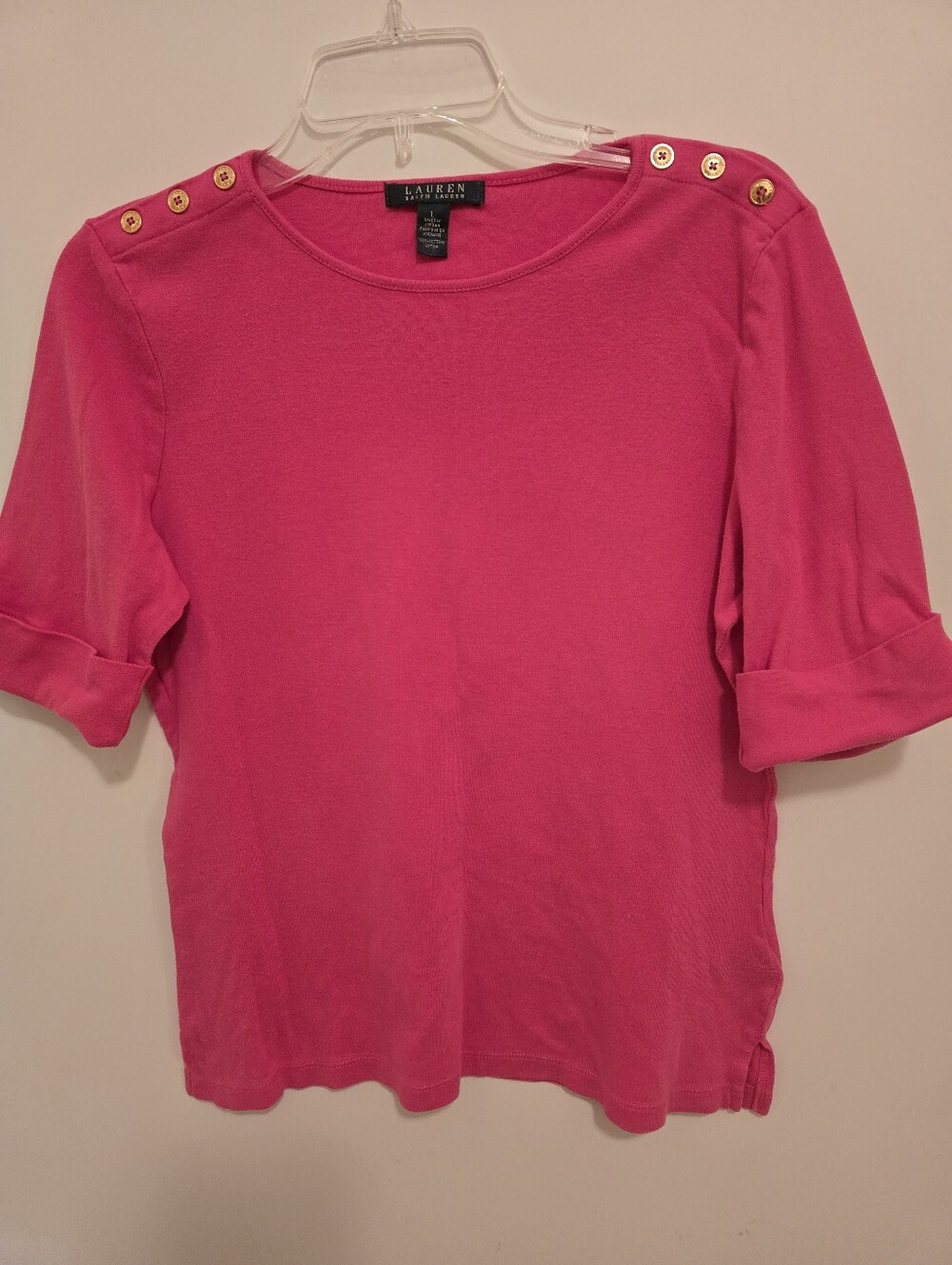 Lauren Ralph Lauren Pink Button-Shoulder Knit Top Large